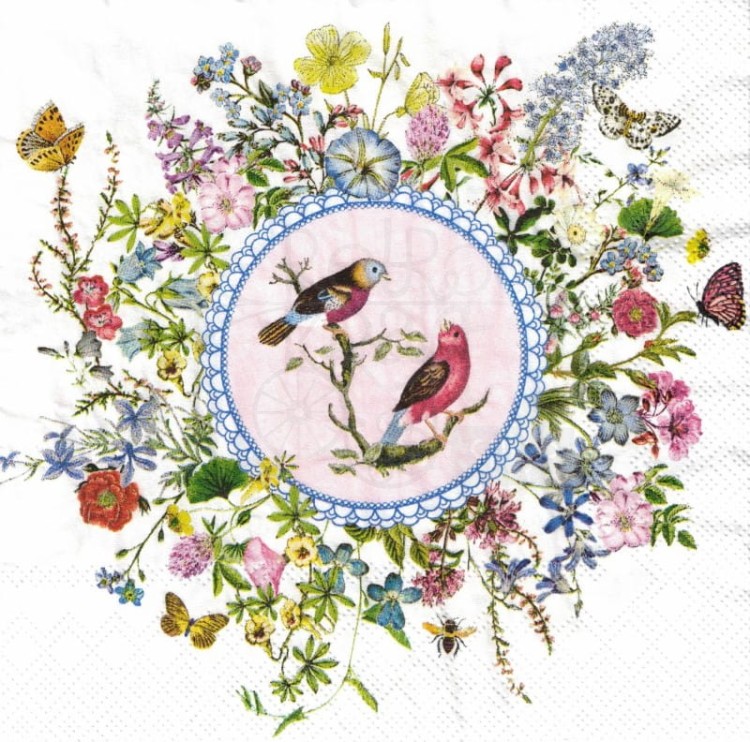 Serwetka 33x33 - Kwiatowy medalion z ptakami