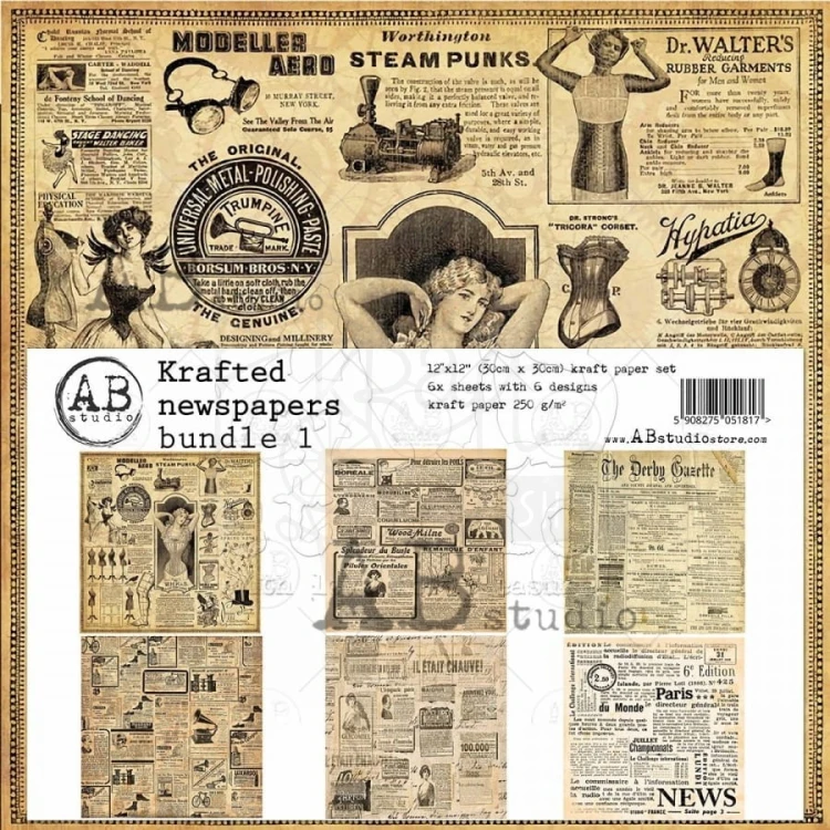Zestaw papierów 30x30 Krafted newspapers bundle 1 ABstudio
