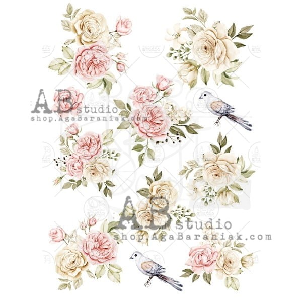 Papier ryżowy A4 kwiaty pastelowe shabby chic 0518 ABstudio