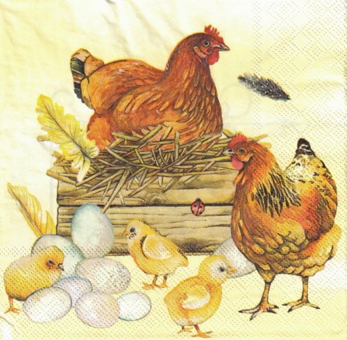 Serwetka 33x33 - Kury kurczaczki i jajka Wielkanoc