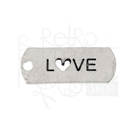 Ozdoba metalowa - plakietka tag z napisem LOVE z sercem - antyczne srebro