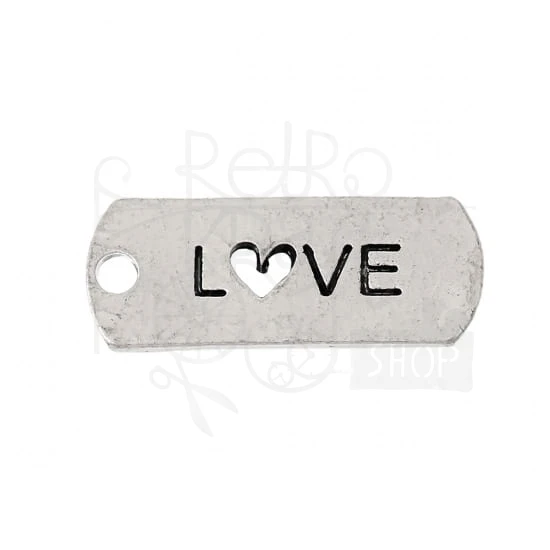 Ozdoba metalowa - plakietka tag z napisem LOVE z sercem - antyczne srebro