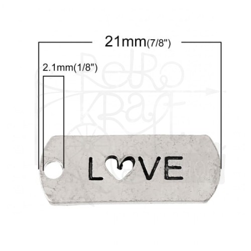 Ozdoba metalowa - plakietka tag z napisem LOVE z sercem - antyczne srebro