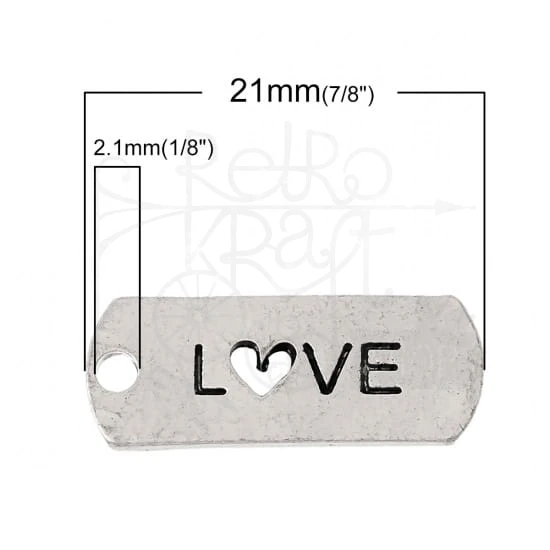 Ozdoba metalowa - plakietka tag z napisem LOVE z sercem - antyczne srebro