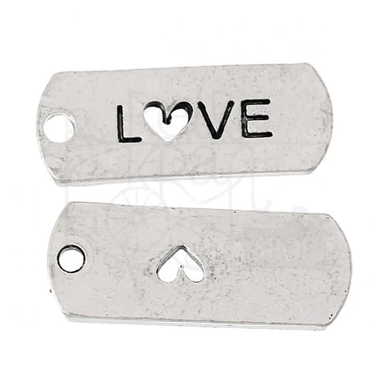 Ozdoba metalowa - plakietka tag z napisem LOVE z sercem - antyczne srebro