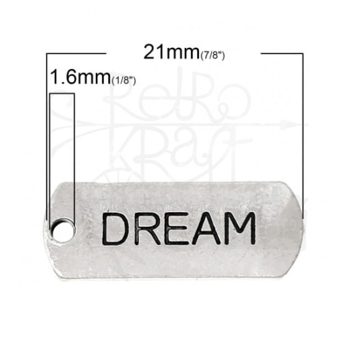 Ozdoba metalowa - plakietka tag z napisem DREAM - antyczne srebro