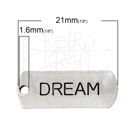 Ozdoba metalowa - plakietka tag z napisem DREAM - antyczne srebro