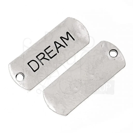 Ozdoba metalowa - plakietka tag z napisem DREAM - antyczne srebro