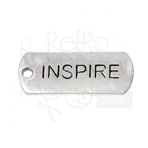 Ozdoba metalowa - plakietka tag z napisem INSPIRE - antyczne srebro
