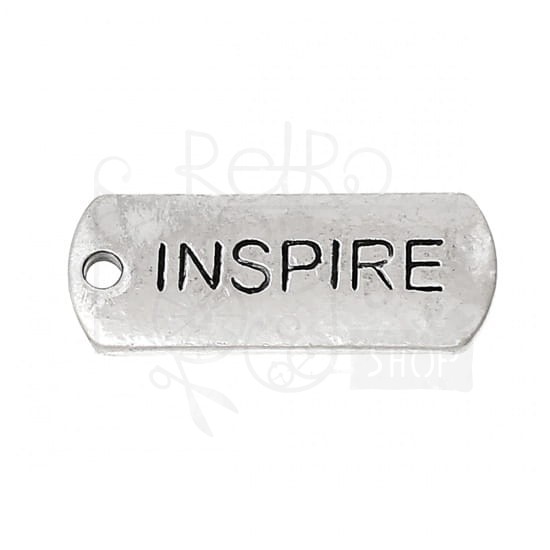 Ozdoba metalowa - plakietka tag z napisem INSPIRE - antyczne srebro