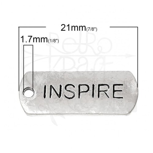 Ozdoba metalowa - plakietka tag z napisem INSPIRE - antyczne srebro