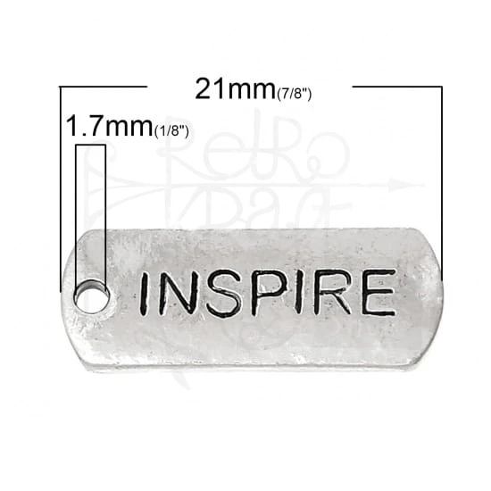 Ozdoba metalowa - plakietka tag z napisem INSPIRE - antyczne srebro
