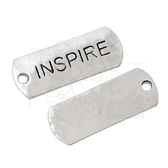 Ozdoba metalowa - plakietka tag z napisem INSPIRE - antyczne srebro