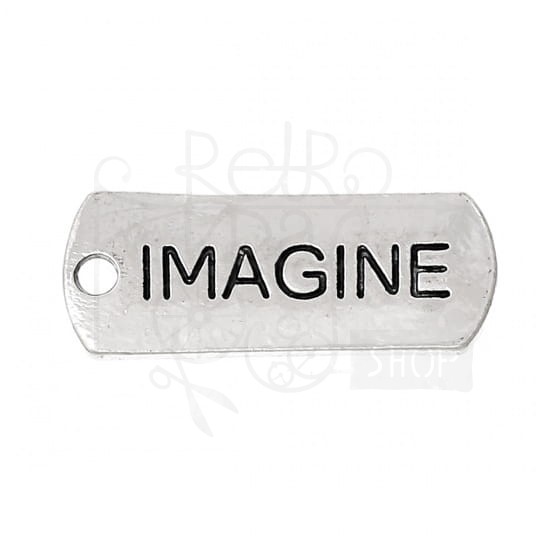 Ozdoba metalowa - plakietka tag z napisem IMAGINE - antyczne srebro