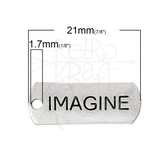 Ozdoba metalowa - plakietka tag z napisem IMAGINE - antyczne srebro