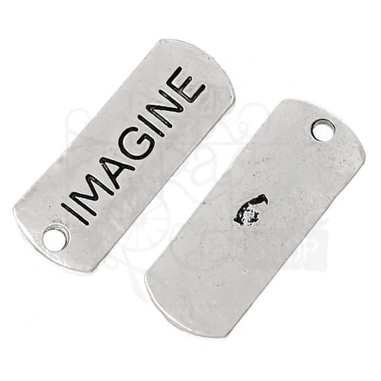 Ozdoba metalowa - plakietka tag z napisem IMAGINE - antyczne srebro