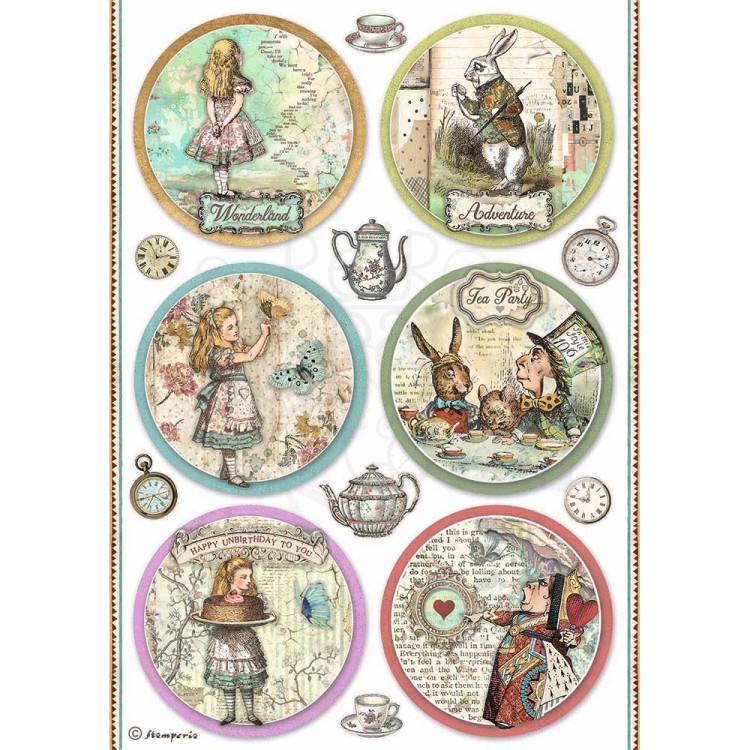Papier ryżowy A4 Alice Forever 6 Okrągłych Dekorów DFSA4766 Stamperia