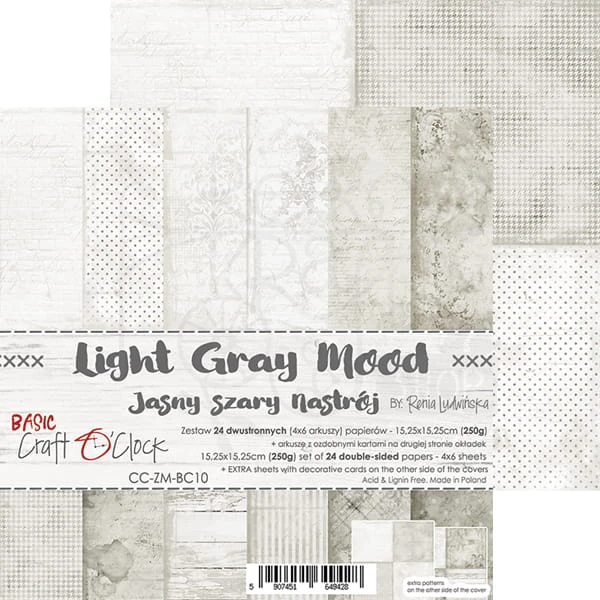 Zestaw papierów 15x15 Basic 10 Light Gray Mood CC-ZM-BC10 Craft O'Clock