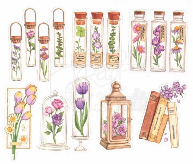Naklejki do scrapbookingu i art journalingu - fioletowe kwiaty i słój - 20szt