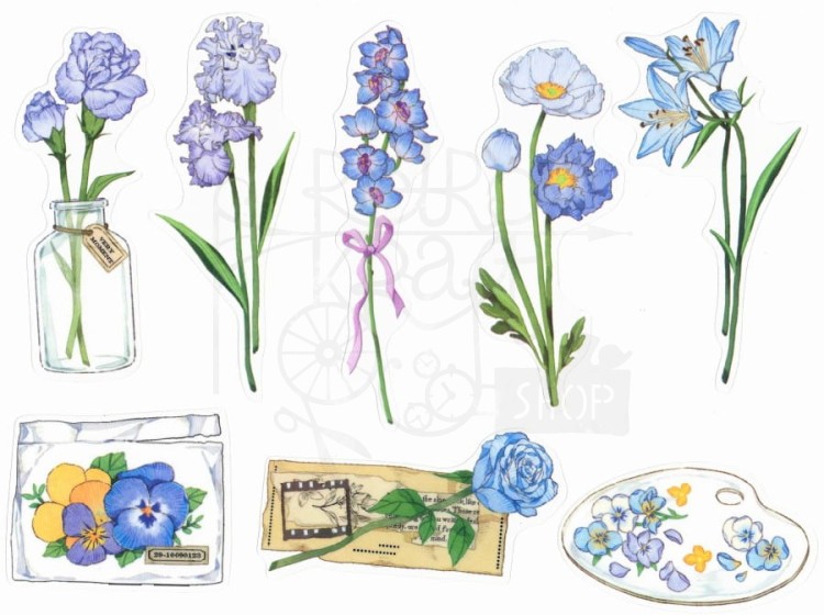Naklejki do scrapbookingu i art journalingu - niebieskie kwiaty i słój - 20szt