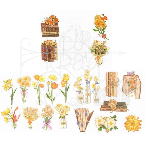 Naklejki do scrapbookingu i art journalingu - żółte kwiaty i butelka - 20szt