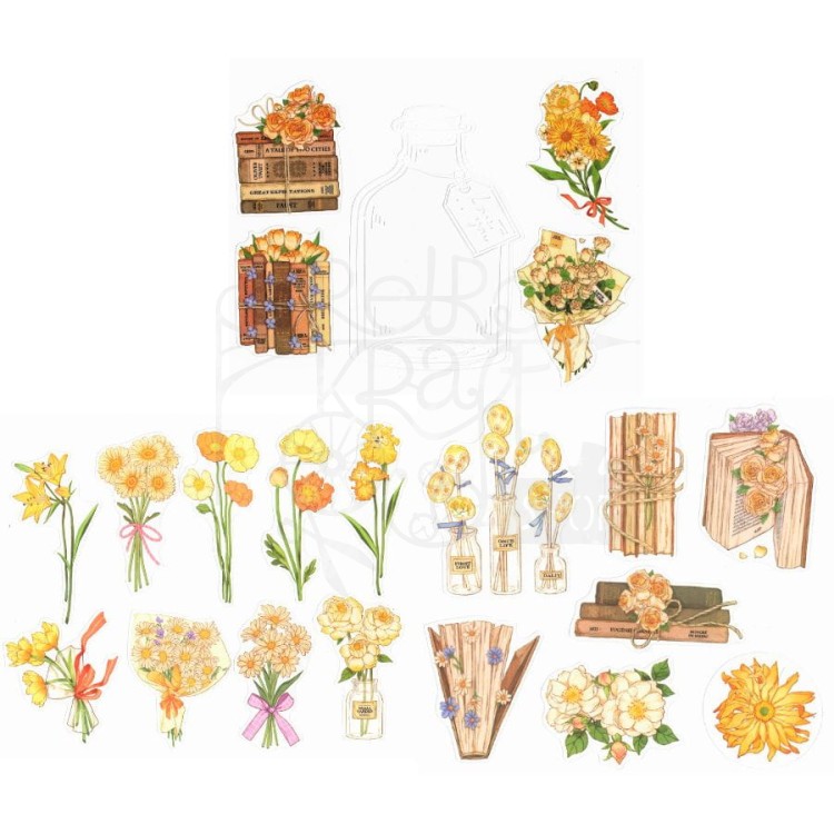 Naklejki do scrapbookingu i art journalingu - żółte kwiaty i butelka - 20szt