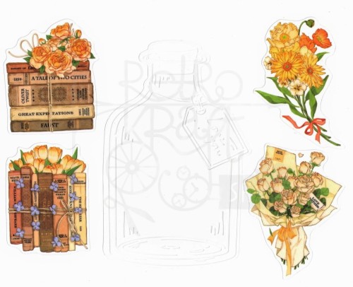 Naklejki do scrapbookingu i art journalingu - żółte kwiaty i butelka - 20szt