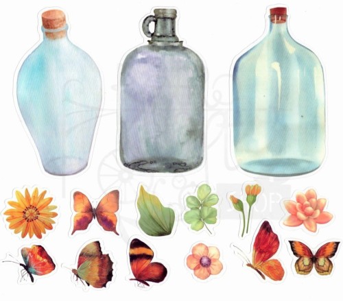 Naklejki do scrapbookingu i art journalingu - kwiaty motyle i butelki 1 - 30szt