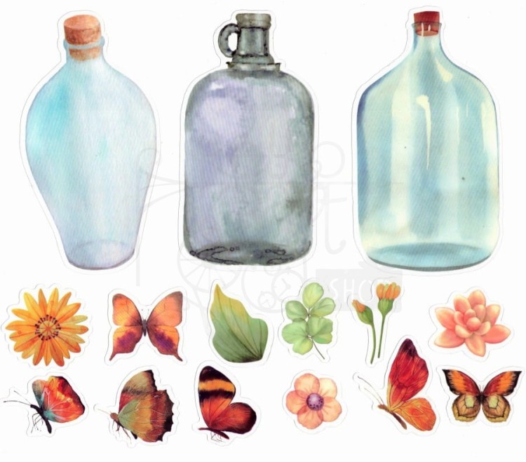 Naklejki do scrapbookingu i art journalingu - kwiaty motyle i butelki 1 - 30szt