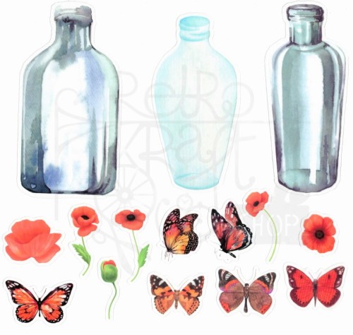 Naklejki do scrapbookingu i art journalingu - kwiaty motyle i butelki 3 - 30szt
