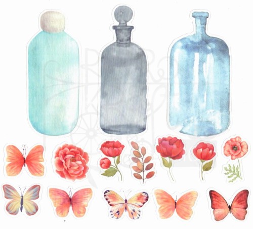 Naklejki do scrapbookingu i art journalingu - kwiaty motyle i butelki 4 - 30szt