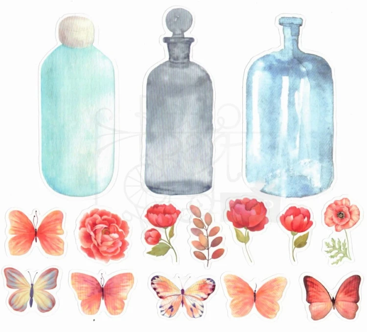 Naklejki do scrapbookingu i art journalingu - kwiaty motyle i butelki 4 - 30szt