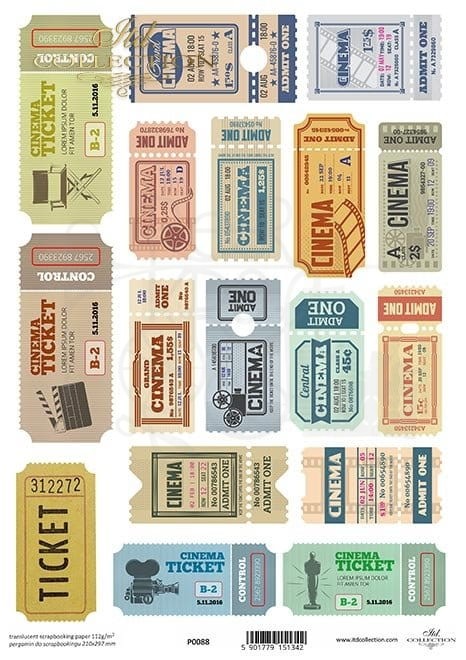 Pergamin do scrapbookingu A4 retro bilety do kina P0088 ITD Collection