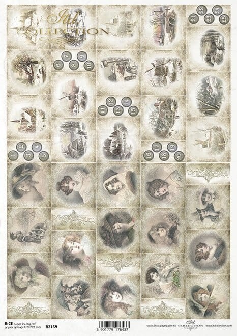 Papier ryżowy A4 postacie vintage widoczki i liczby R2139 ITD Collection