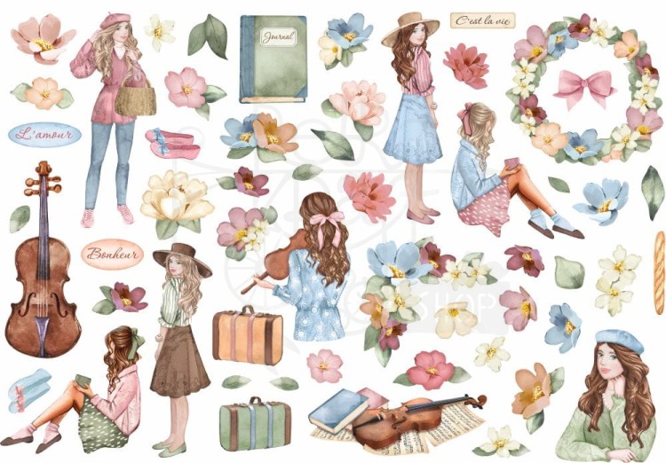 Ozdoby papierowe samoprzylepne Ephemera Oh La La Girls and Flowers DFLCT18 Stamperia