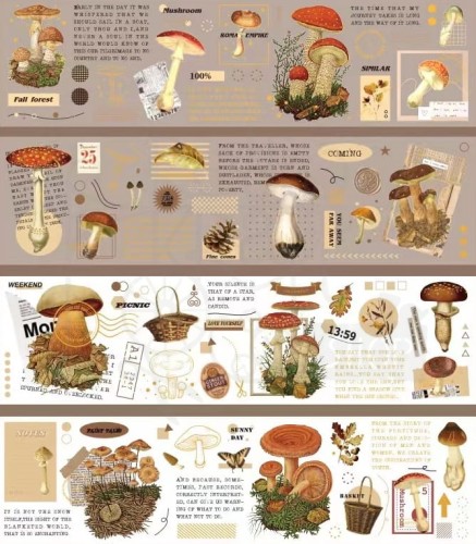 Naklejki do scrapbookingu i art journalingu foliowe i papierowe - grzyby - 4 arkusze