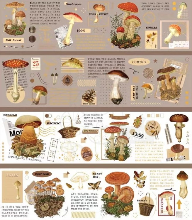 Naklejki do scrapbookingu i art journalingu foliowe i papierowe - grzyby - 4 arkusze