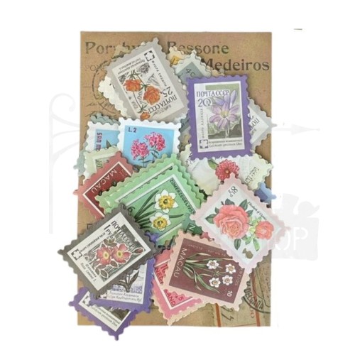 Naklejki do scrapbookingu i art journalingu - znaczki pocztowe - kwiaty - 46szt