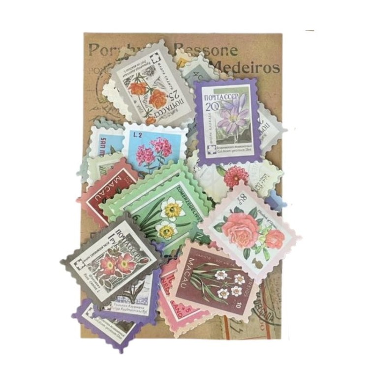 Naklejki do scrapbookingu i art journalingu - znaczki pocztowe - kwiaty - 46szt