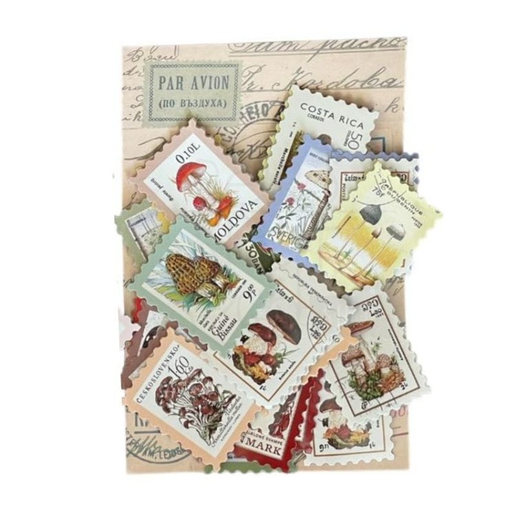 Naklejki do scrapbookingu i art journalingu - znaczki pocztowe - grzyby - 46szt
