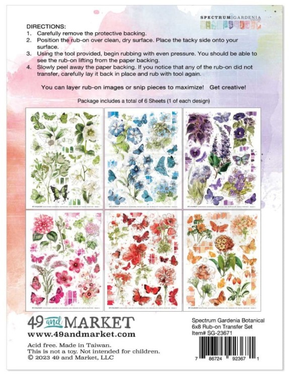 Rub-on transfer 15x20cm Spectrum Gardenia - Botanical 6 arkuszy SG23671 49 and Market