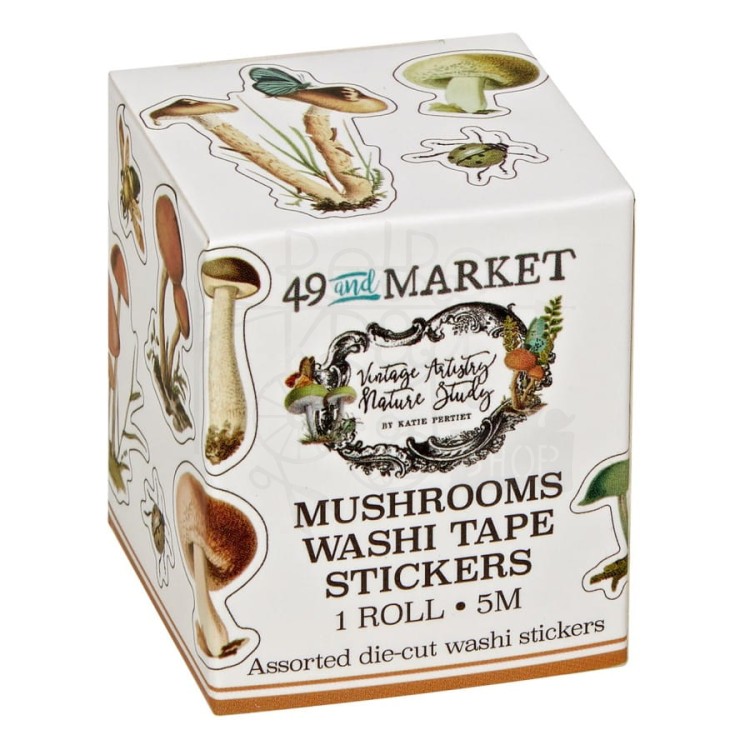 Taśma washi z naklejkami Vintage Artistry Nature Study Mushrooms NS23244 49 And Market