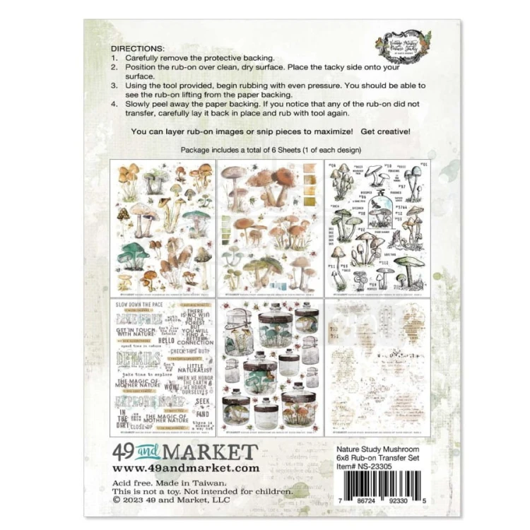 Rub-on transfer 15x20cm Vintage Artistry Nature Study Mushroom 6 arkuszy NS23305 49 And Market