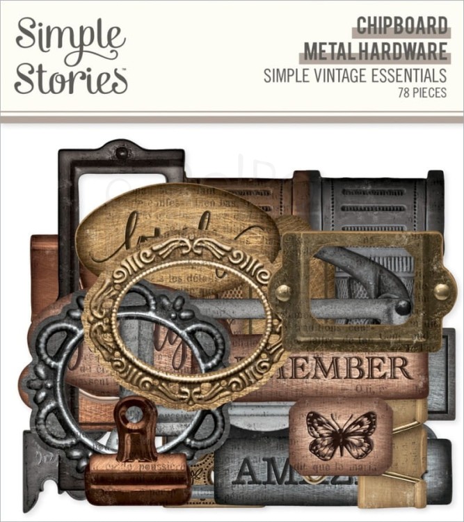 Ozdoby tekturowe die-cuts Simple Vintage Essentials Chipboard - Hadrware 78szt SVE20414 Simple Stories