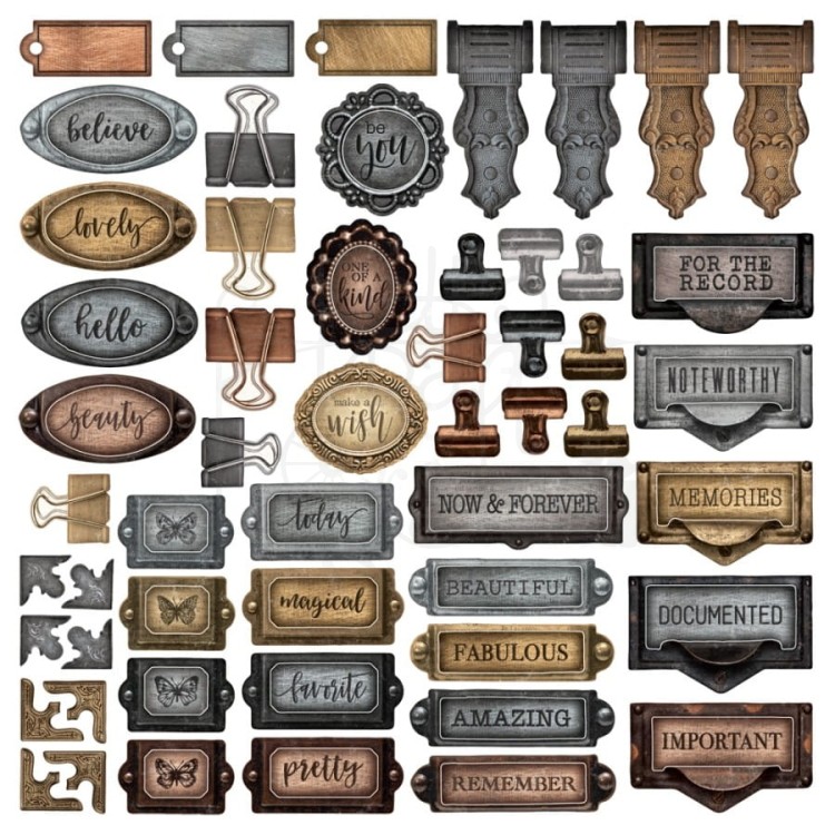 Ozdoby tekturowe die-cuts Simple Vintage Essentials Chipboard - Hadrware 78szt SVE20414 Simple Stories