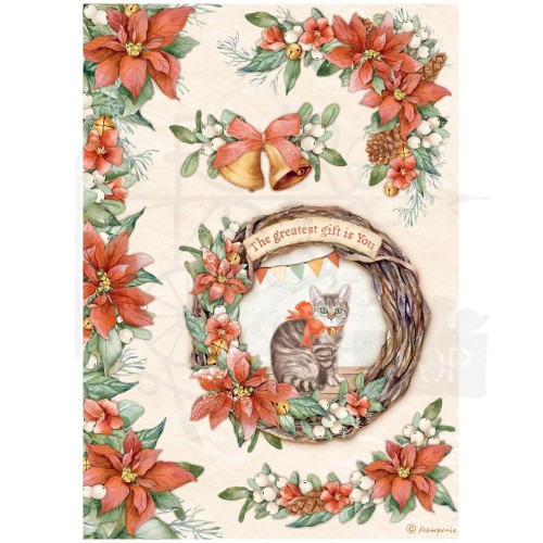 Papier ryżowy A4 All Around Christmas Wianek z kotem DFSA4803 Stamperia