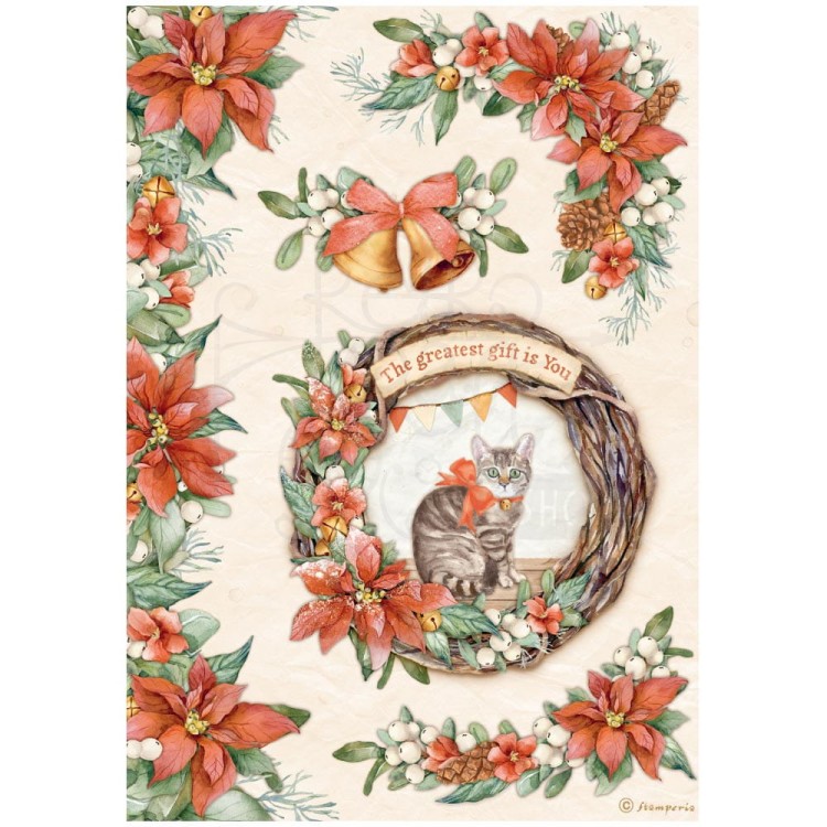 Papier ryżowy A4 All Around Christmas Wianek z kotem DFSA4803 Stamperia