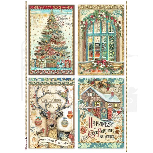 Papier ryżowy A4 Christmas Greetings 4 karty DFSA4796 Stamperia