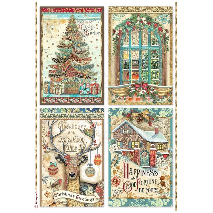 Papier ryżowy A4 Christmas Greetings 4 karty DFSA4796 Stamperia