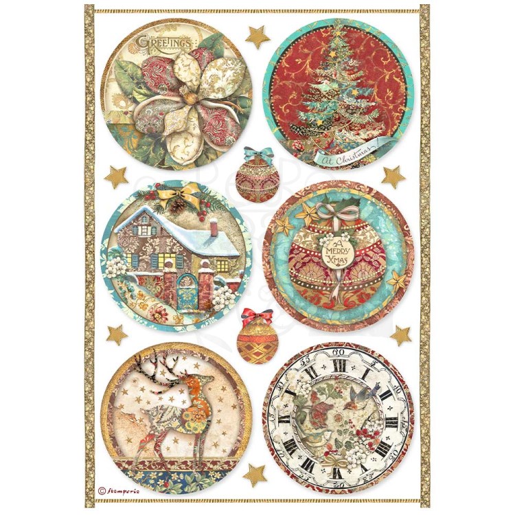 Papier ryżowy A4 Christmas Greetings 6 kół DFSA4795 Stamperia